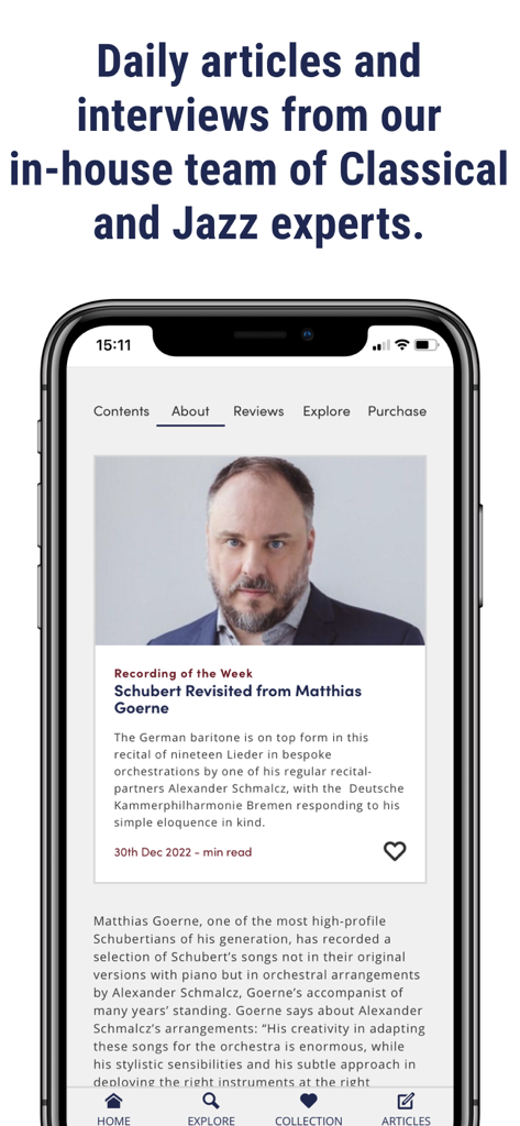 Presto Music - A screenshot of the Presto Music app showing an expert-written article and interview about classical music recordings.