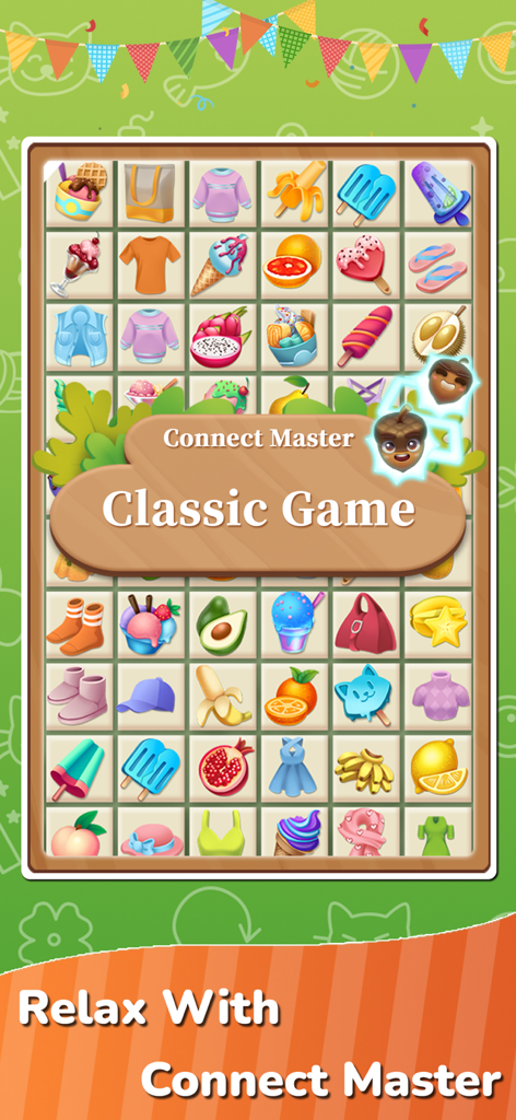 Connect Master - Tile Matching - Connect Master Tile Matching game board showing classic colorful icons like food and clothing