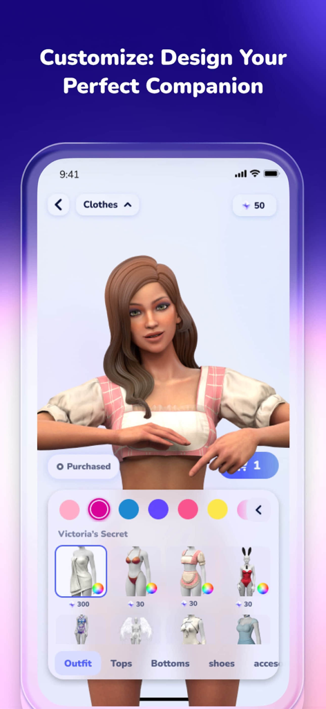 Interface of HiBae app showing the customization of a 3D virtual companion with different outfits and colors
