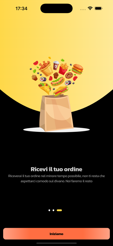 Flash-Deliveryアプリのオンボーディング画面。さまざまな食品が入った紙袋と、注文プロセスを開始するボタンが表示されています。