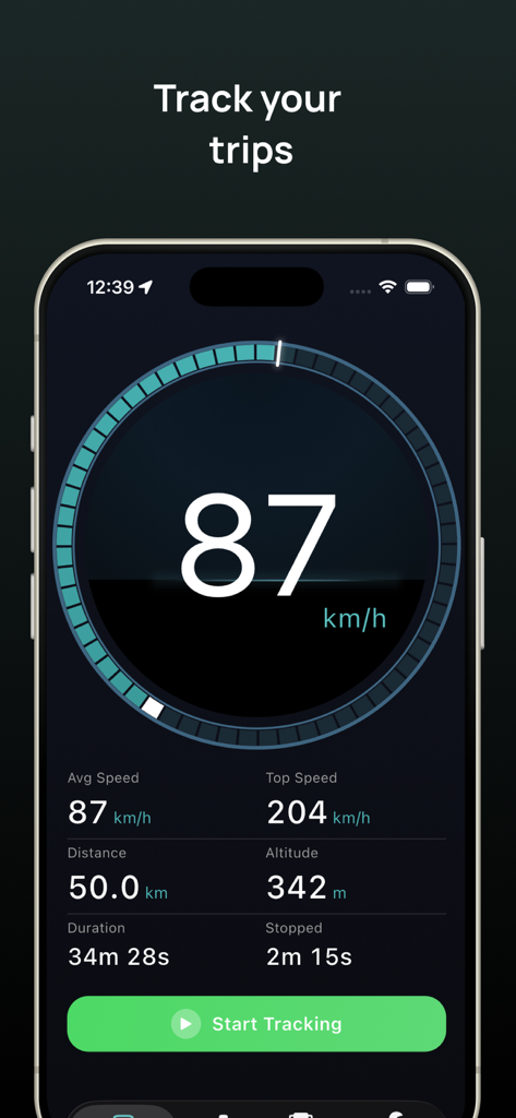 TripRank app interface displaying real-time speedometer and driving statistics like average speed and distance