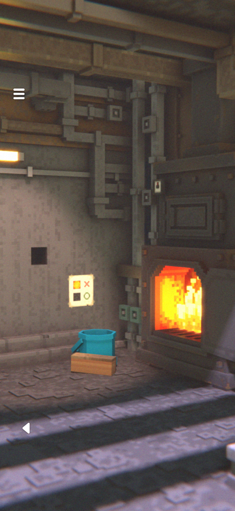 EscapeGame The Retro Bathhouse - A retro voxel style boiler room with a burning furnace and puzzle clues in an escape game