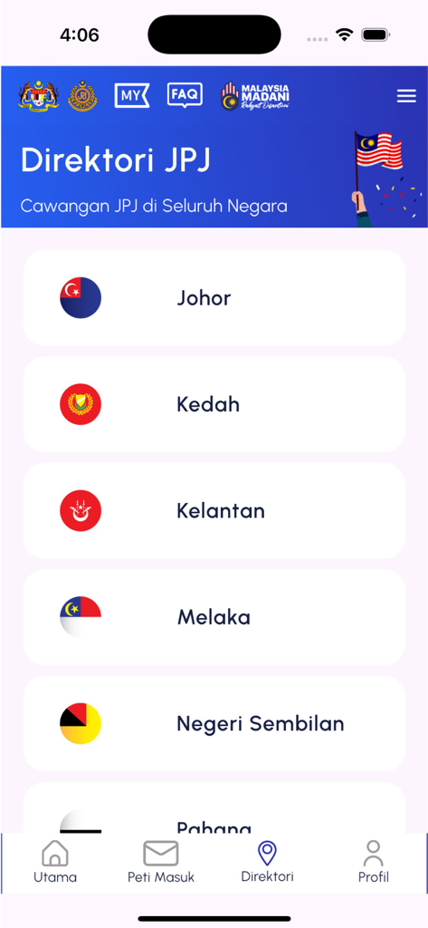 MyJPJ app directory screen displaying a list of Malaysian states for branch office locations