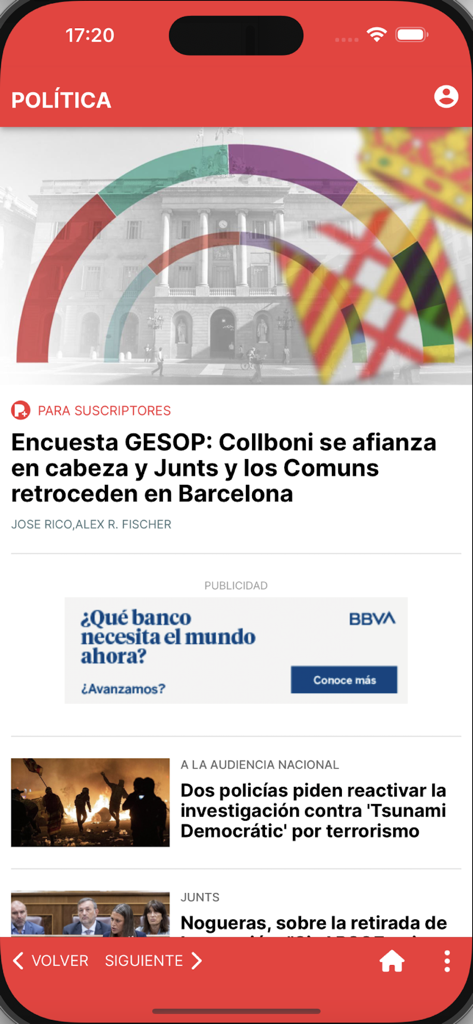 Mobile screen of El Periodico app politics section displaying news about Barcelona polls and Spanish current events.