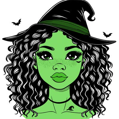 realistic black girl with wavy hair and witch hat and nose and lips