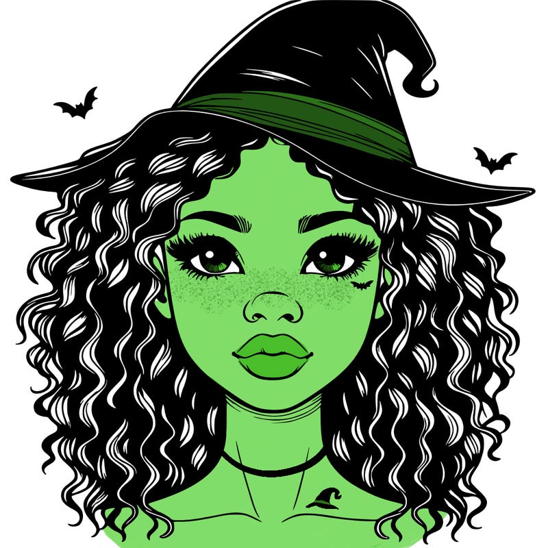 realistic black girl with wavy hair and witch hat and nose and lips