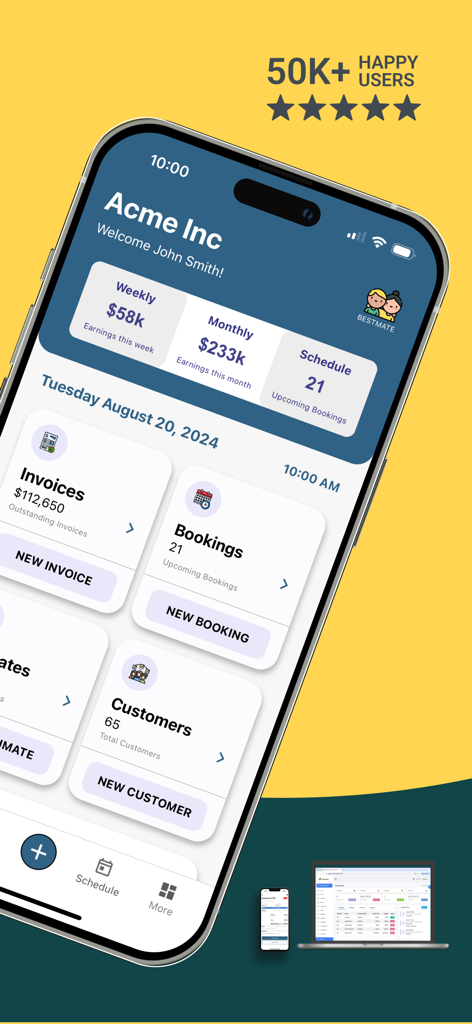 BestMate - Small Business App - BestMate app dashboard displaying business earnings bookings and management tools on a smartphone