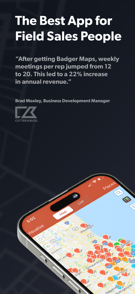 Badger Maps: #1 Route Planner - Smartphone zeigt die Badger Maps-Oberfläche mit Verkaufslead-Markierungen und einem Kundenerfolgsbericht.