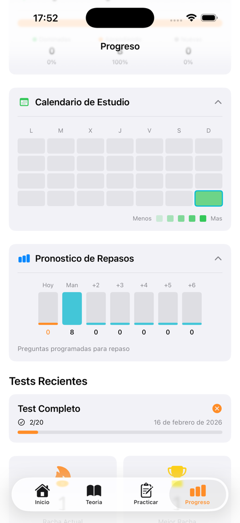 DGT A2 Test Master - Study dashboard showing a calendar and review forecast for the Spanish motorcycle license theory exam.