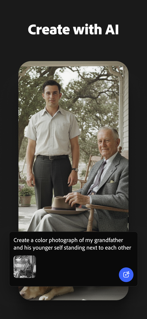Adobe Firefly app interface showing an AI generated photo of a man and his younger self from a text prompt