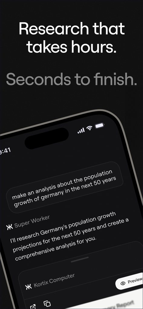 Kortix - Kortix KI App-Oberfläche auf einem Mobiltelefon, die schnelle Recherche- und Datenanalysefunktionen demonstriert.