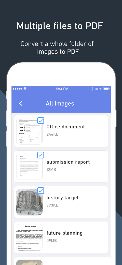 PDF Converter App. - 複数の画像がPDF変換用に選択されているPDF変換アプリのインターフェース