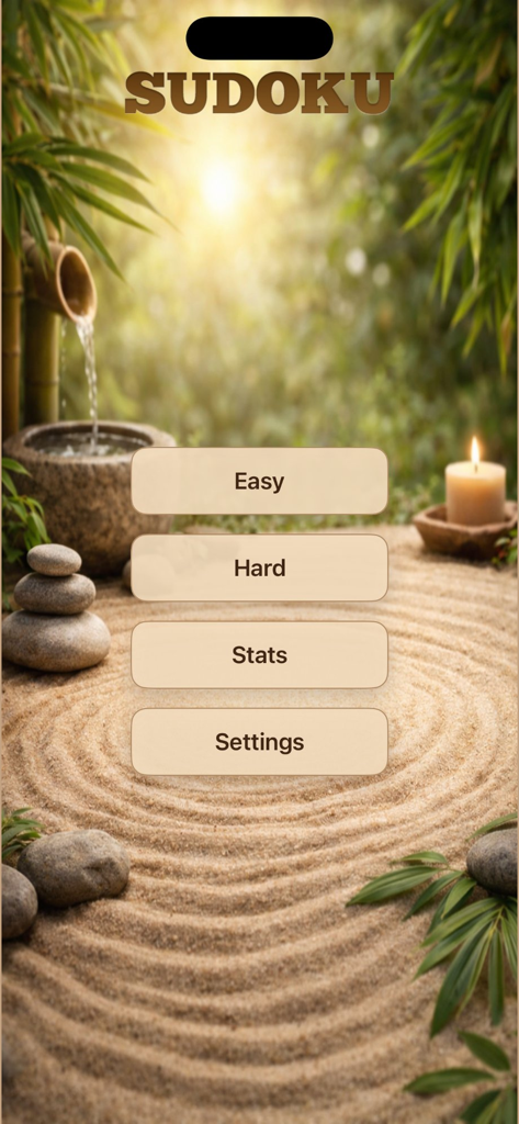 Sudoku Zen - Number Puzzle - Menú principal de la aplicación Sudoku Zen con un pacífico fondo de jardín zen con opciones de menú para modos Fácil y Difícil