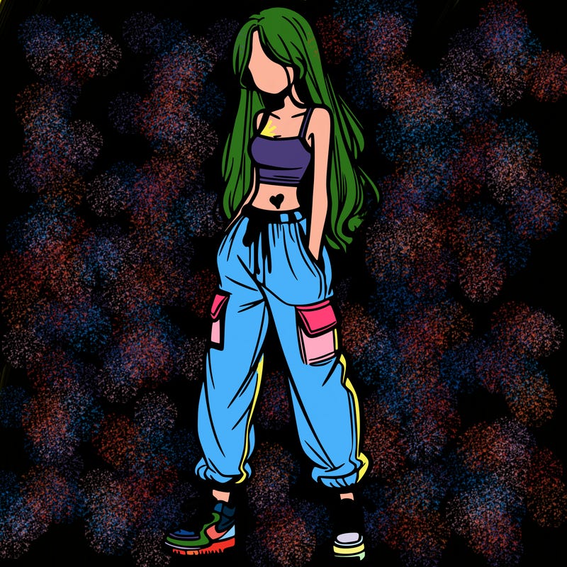 girl in baggy pants crop top and long hair