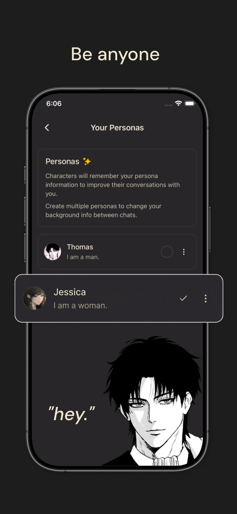 Screen showing persona customization and selection in the DigitalSoul AI chat app with anime style characters