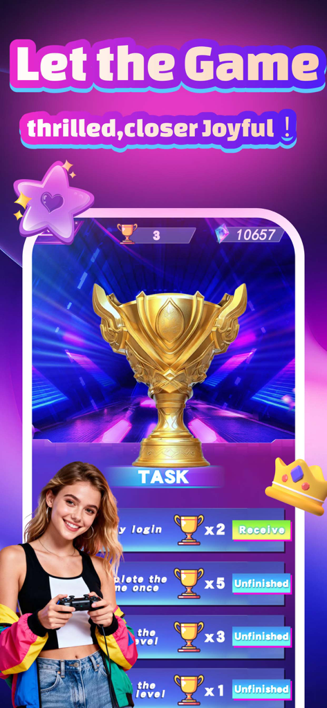 Tuki Connect:Bubble Love - A mobile game interface for Tuki Connect Bubble Love featuring a large golden trophy and a list of daily tasks with rewards.