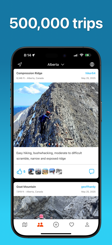 Peakery - A feed of community mountain hiking and climbing trip reports in the Peakery app.