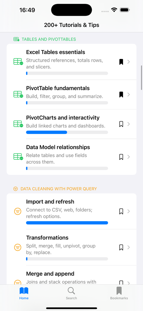 200+ Excel Tutorials & Tips - Interface of an Excel learning app showing tutorial categories for PivotTables and Power Query with progress tracking.
