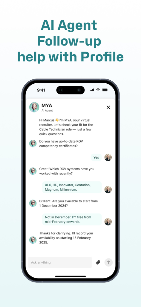 Moblyze Me - AI採用担当者MYAが候補者と技術資格についてチャットしています
