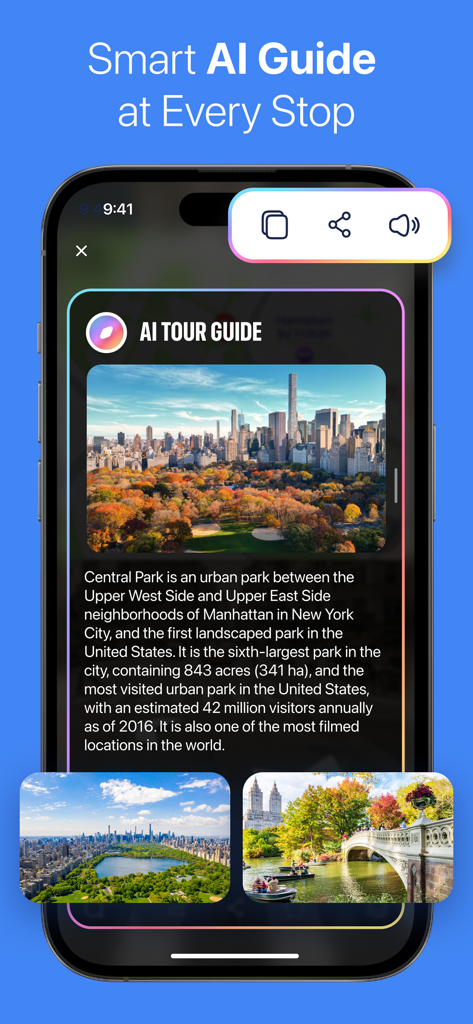 Street View 360° Travel Guide - Smartphone-Bildschirm mit der Street View 360 App KI-Reiseführer-Oberfläche mit einer Übersicht über den Central Park, einschließlich Fotos und Audio-Erzählungs-Symbolen