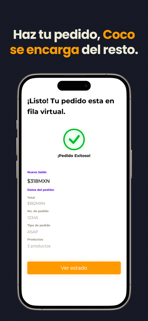 Coco APP - Display dell'iPhone di una conferma di ordine alimentare riuscita su Coco APP con un segno di spunta verde