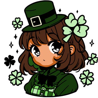 a manga-style girl with clovers around her, a little hat in her hair, like it's saint patrick's day