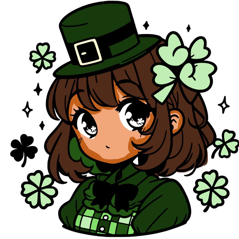 a manga-style girl with clovers around her, a little hat in her hair, like it's saint patrick's day