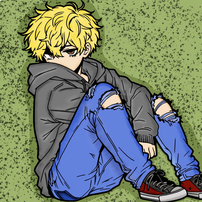 a male hoddie ripped jeans messy hair anime