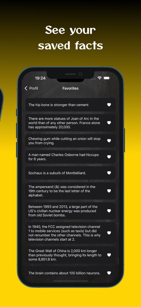 Pantalla de Favoritos mostrando una lista de datos interesantes guardados en la interfaz de la app.