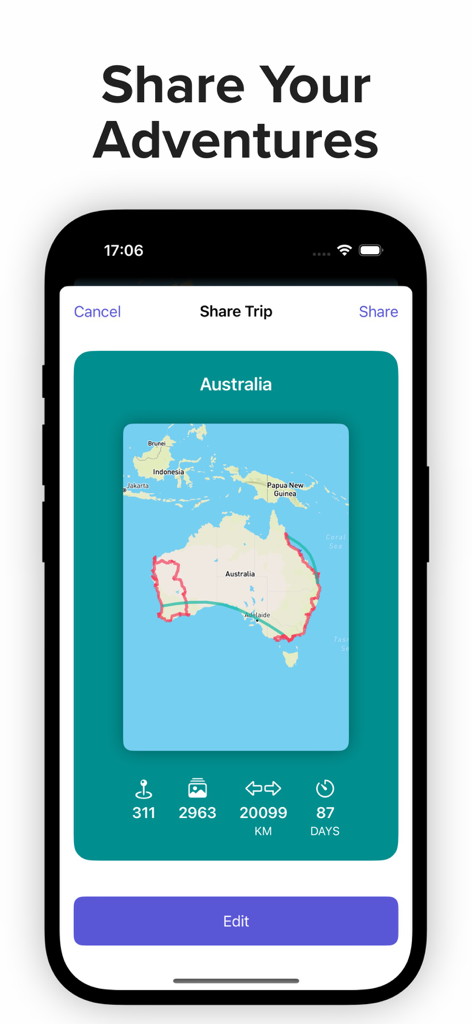 Travel Tracker by PhotoRoute - App interface displaying a travel summary for Australia with map route and trip statistics