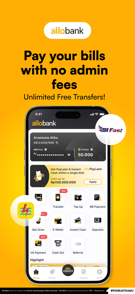 Interfaz de la aplicación móvil Allo Bank mostrando opciones para pagos de facturas sin comisiones y transferencias gratuitas ilimitadas.