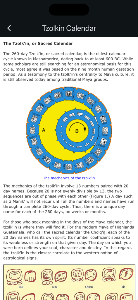Maya Calendar - Screenshot der Maya-Kalender-App mit einer Bildungsbeschreibung und einem Kreisdiagramm der Tzolk'in-Macher des Heiligen Kalenders