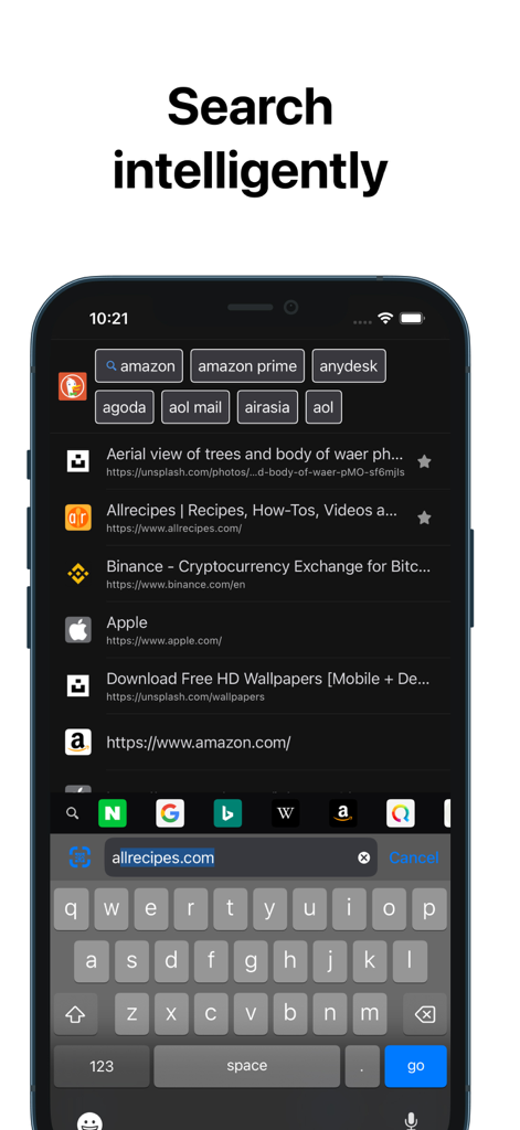 RedApp Lite: Private Browser - RedApp Lite intelligent search interface with quick access links and dark theme