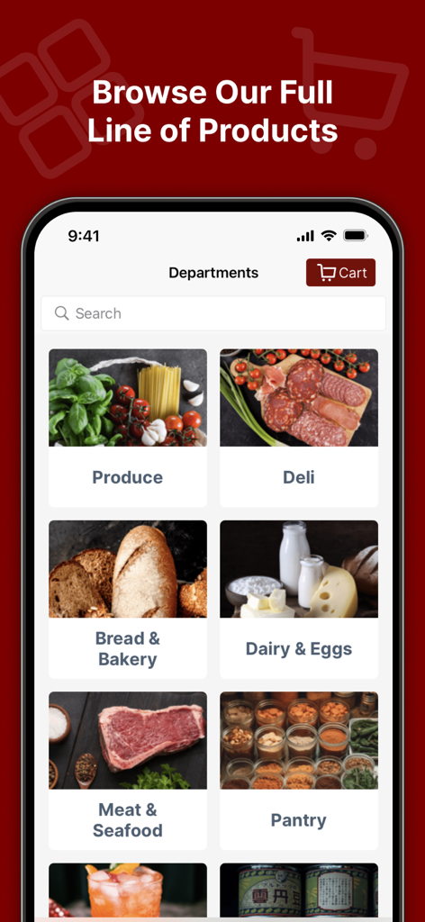 Tom Fridays Market app screen showing grocery categories like meat seafood deli and produce