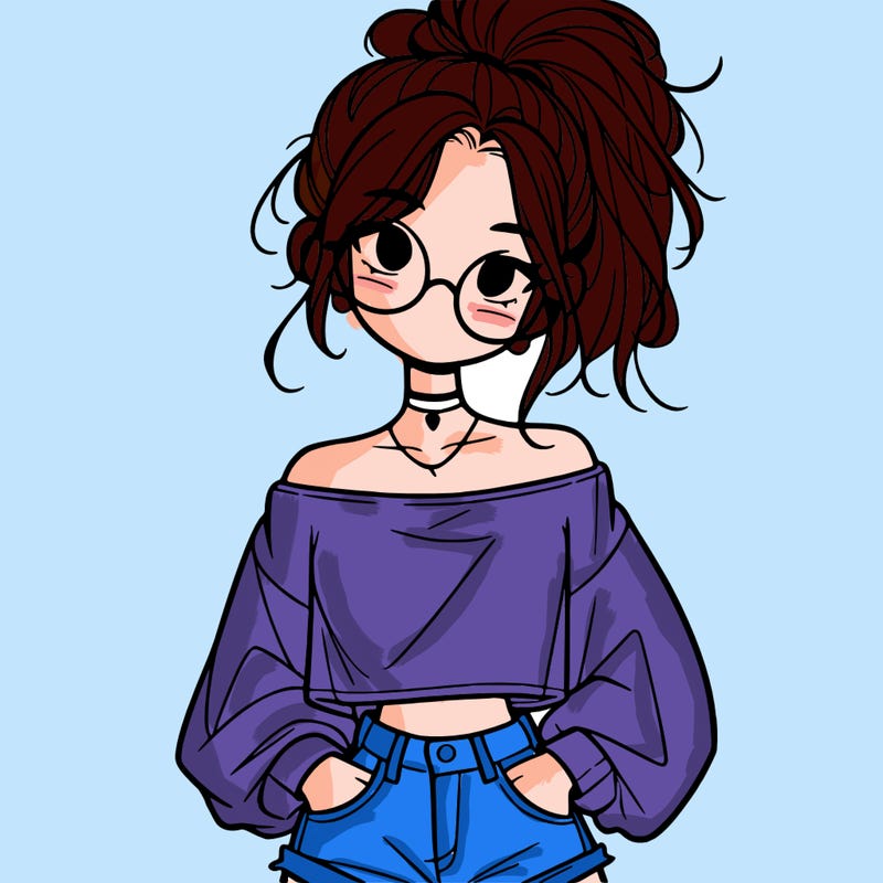 girl with a messy ponytail glasses a baggy crop top and jean shorts