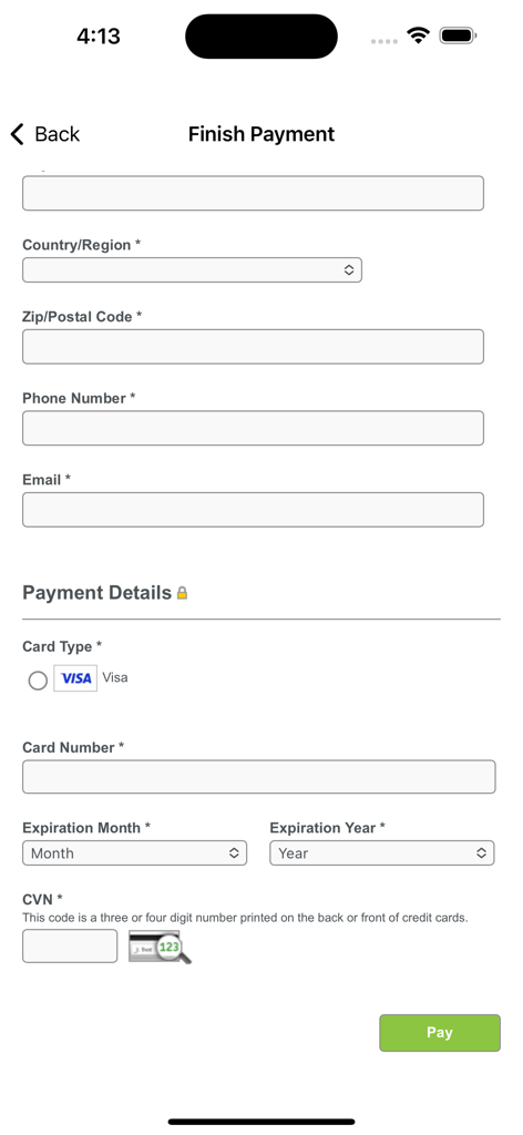 telebirr Remit - Payment details screen for entering Visa card information in the telebirr Remit app