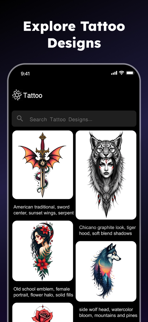 Tattoo AI -Ideal Tattoo Design - Pantalla de aplicación móvil que muestra una galería de diversos diseños de tatuajes generados por IA que incluyen espadas, lobos y retratos femeninos como inspiración.