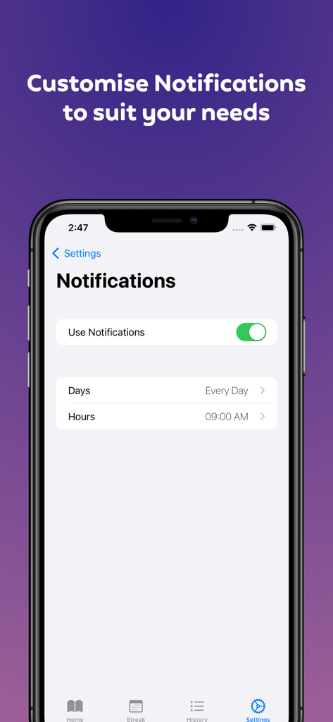 A screenshot showing the notification settings in the Quotes Every Day app with options to set the daily frequency and time.