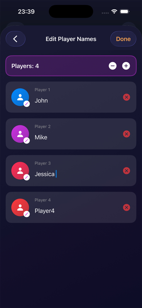Imposter Party - Find the Liar - Interface for editing player names in the Imposter Party social deduction game