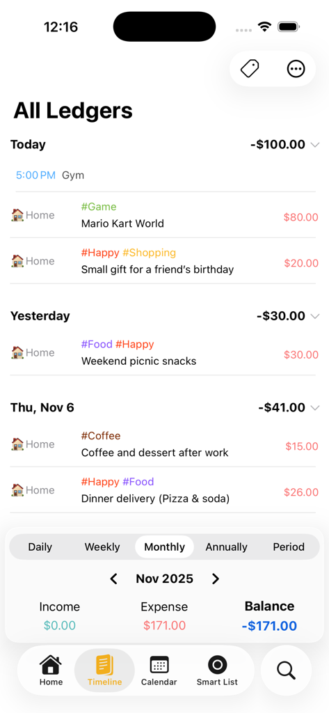 Spendy - Budget, Diary - Timeline view of the Spendy app showing chronological daily expenses with personalized tags and emotional notes