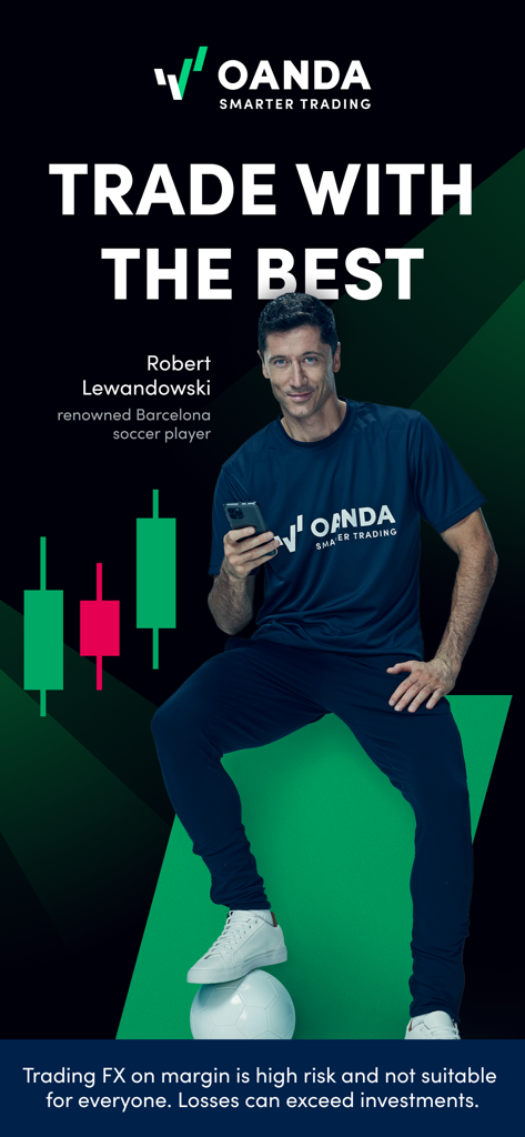 Robert Lewandowski promoting the OANDA forex trading app with a smartphone and stock market charts.
