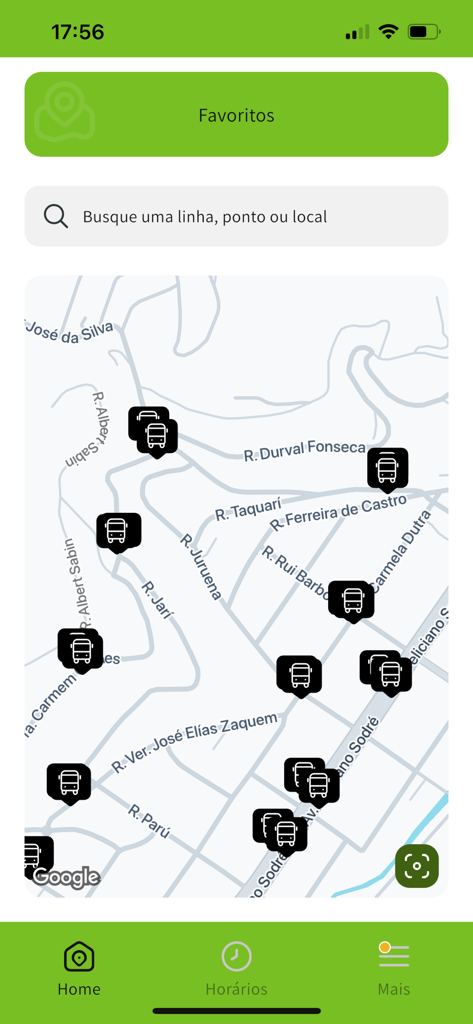 Real time map view of the Vai de Onibus app showing bus stop locations and navigation search bar