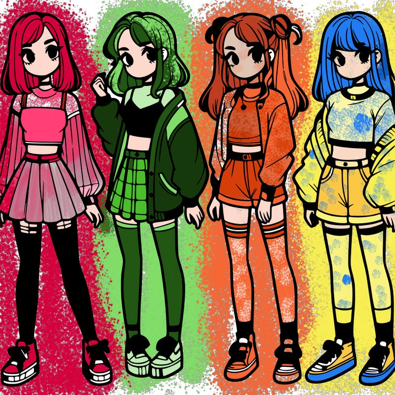 one girl with crop-top shirt and a jacket with a skirt, long socks and another girl with a shirt and pants with a jacket