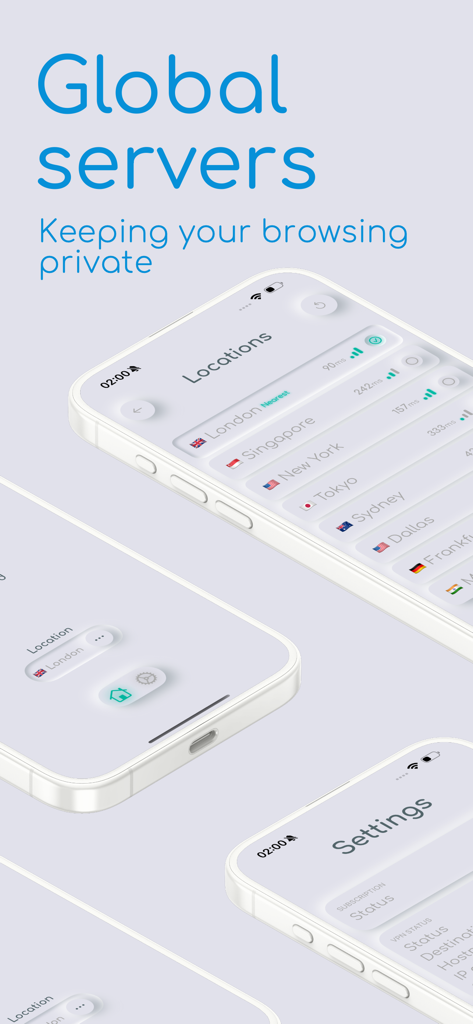 HiberniaVPN: Private By Design - HiberniaVPN-App-Oberfläche, die eine Liste globaler Serverstandorte anzeigt, einschließlich London, Singapur und New York