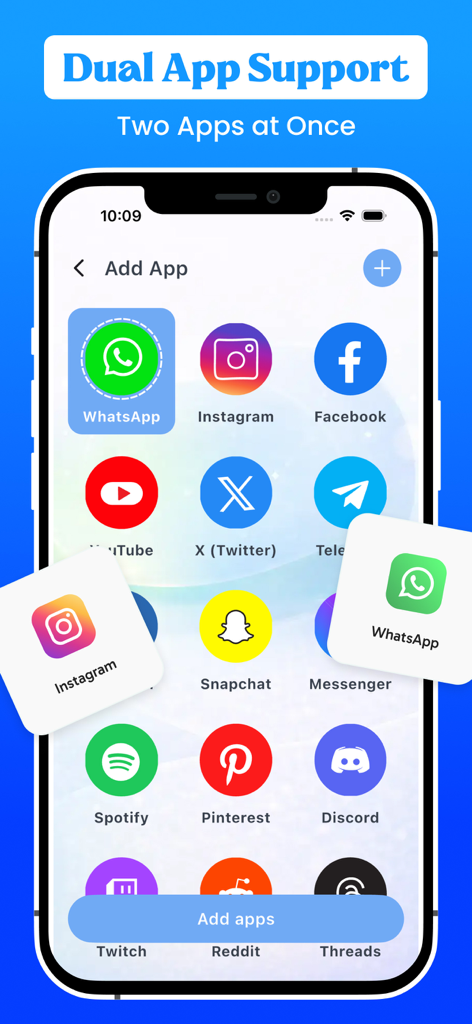 Interfaz de la aplicación Clone Master que muestra soporte para aplicaciones duales para múltiples cuentas de redes sociales en un dispositivo