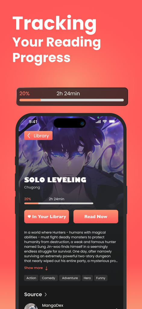 Manga Reader: Daily Update Now - Interface of the Manga Reader app showing reading progress for the Solo Leveling manhwa