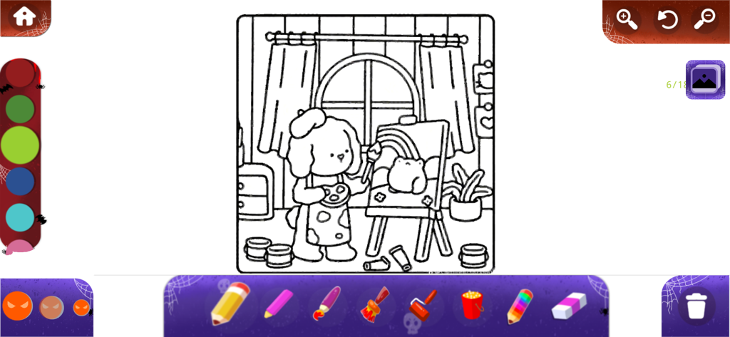 Bobbie Goods Art Coloring Book - Página para colorir no estilo Bobbie Goods apresentando um personagem fofo pintando em um cavalete com ferramentas de desenho digital