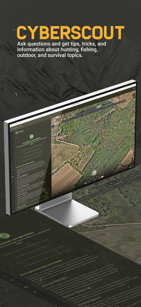 CyberScout AI assistant interface on a desktop computer providing hunting tips and satellite map data