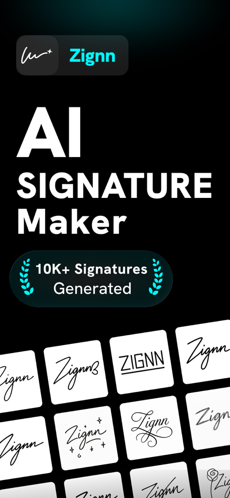 AI Signature Maker・Generator - Interfaz de la aplicación Creador de Firmas IA que muestra varios estilos de firmas digitales profesionales y creativas