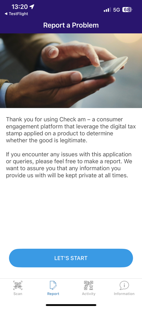 Report a problem screen in the Check Am app for product authenticity verification.